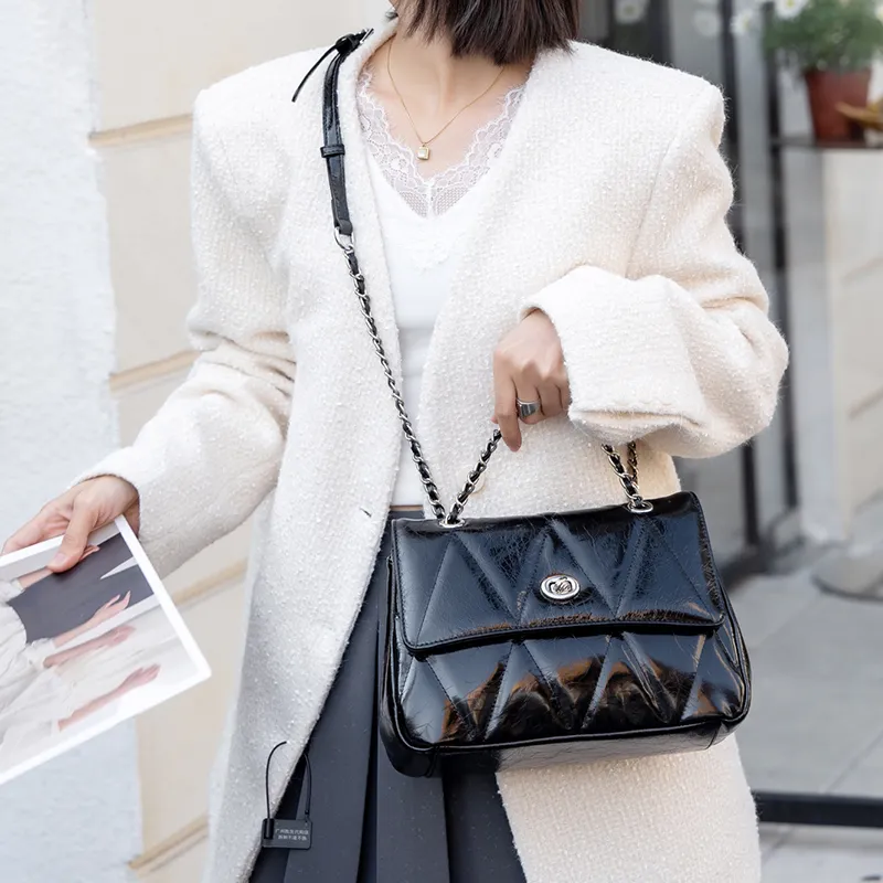Old Man's Head Top Grain Cow Leather Shoulder Bag, Crossbody Bag Women's Black/Khaki/Silver-8