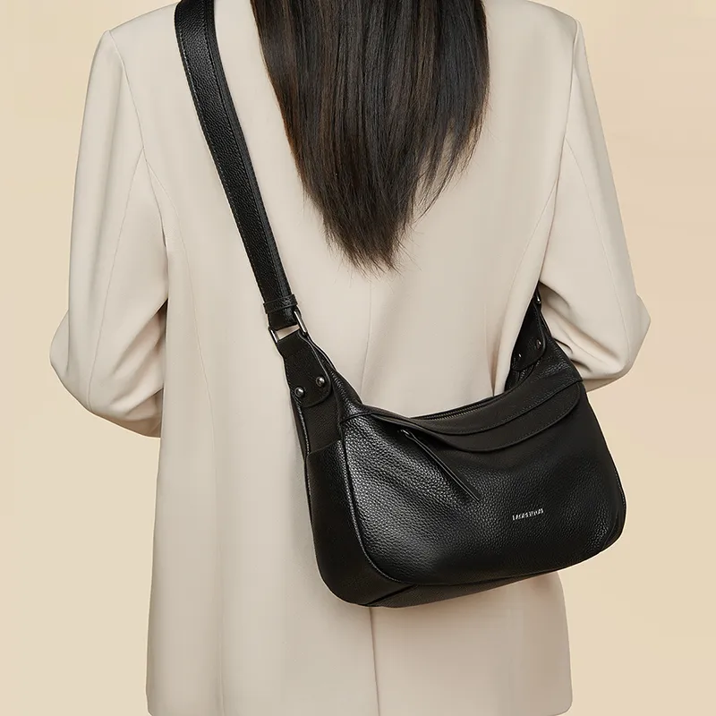 Old Man's Head Top Grain Cow Leather Shoulder Bag Women's Black-2