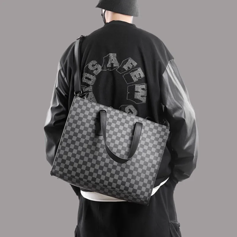 Old Man's Head Synthetic Leather Crossbody Bag Men's Black Checkerboard-5