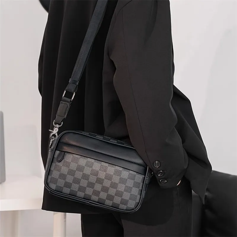 Old Man's Head Synthetic Leather Crossbody Bags Men's Black/Black Checkerboard/Black Pattern-8