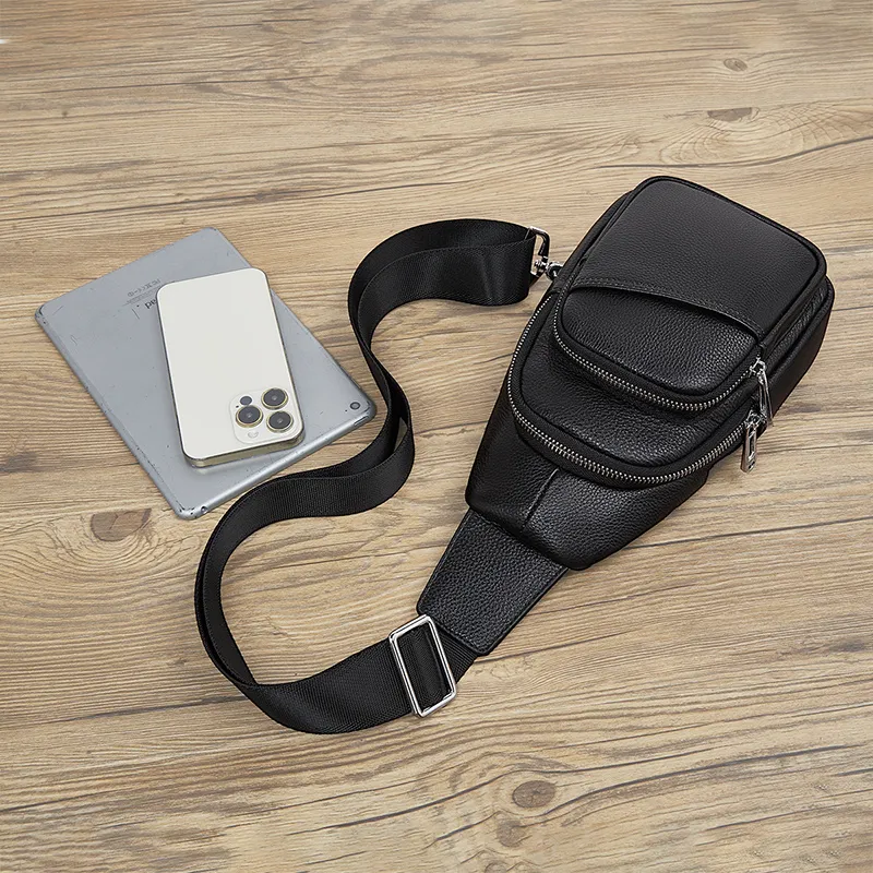 Old Man's Head Top Grain Cow Leather Sling Bag Men's Black-7