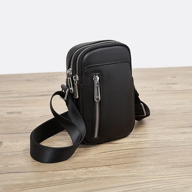Old Man's Head Top Grain Cow Leather Shoulder Bag Men's Black-2