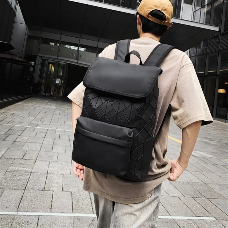 Old Man's Head Synthetic Leather Patchwork Fabric Backpack Unisex Black-2