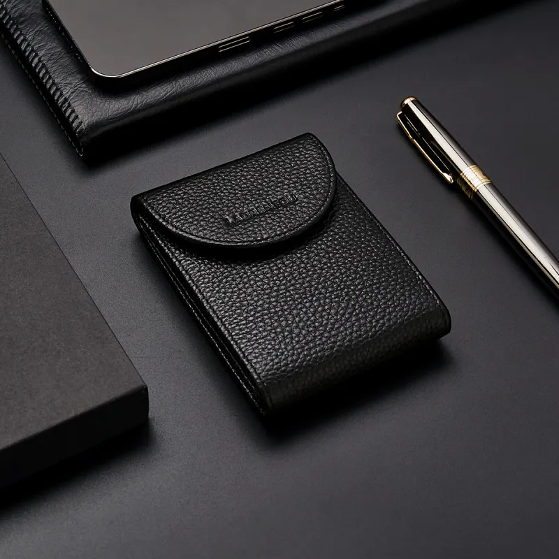 Old Man's Head Top Grain Cow Leather Card Holder Men's Black/Brown-2
