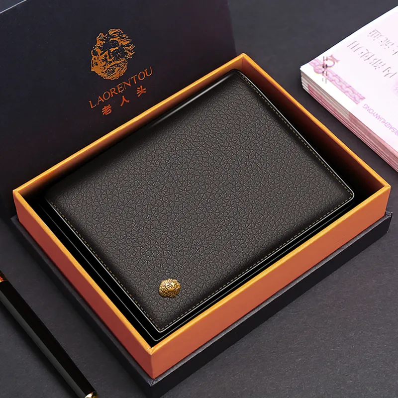 Old Man's Head Top Grain Cow Leather Wallet Men's Black/Coffee-4