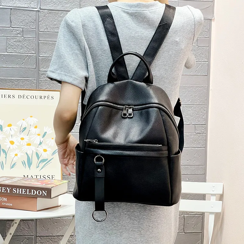 Old Man's Head Top Grain Cow Leather Backpack Women's Black-3