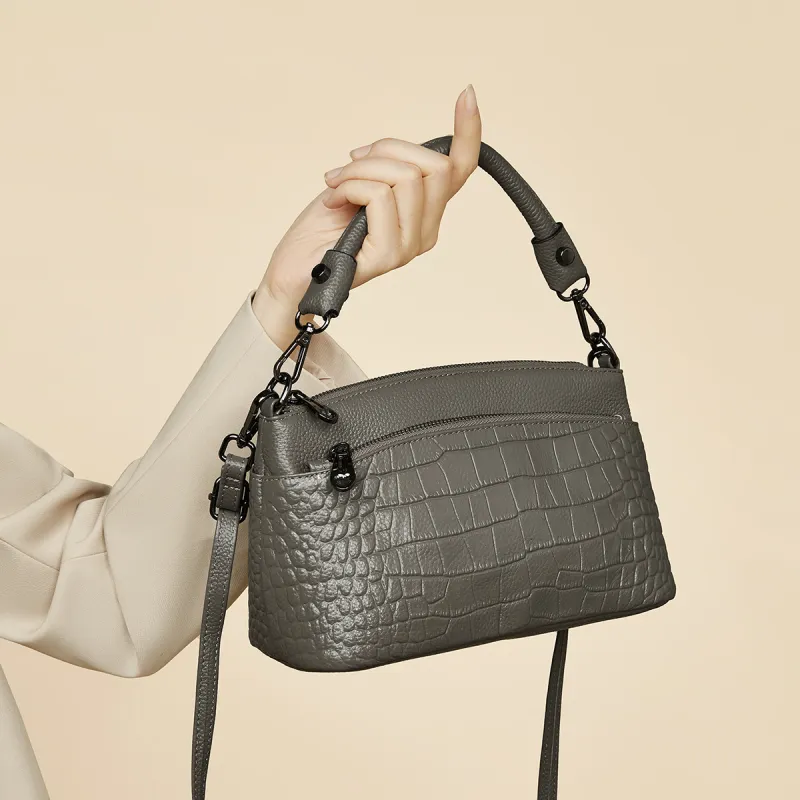 Old Man's Head Top Grain Cow Leather Underarm Crossbody Bag Regular Women's Gray/Black-5