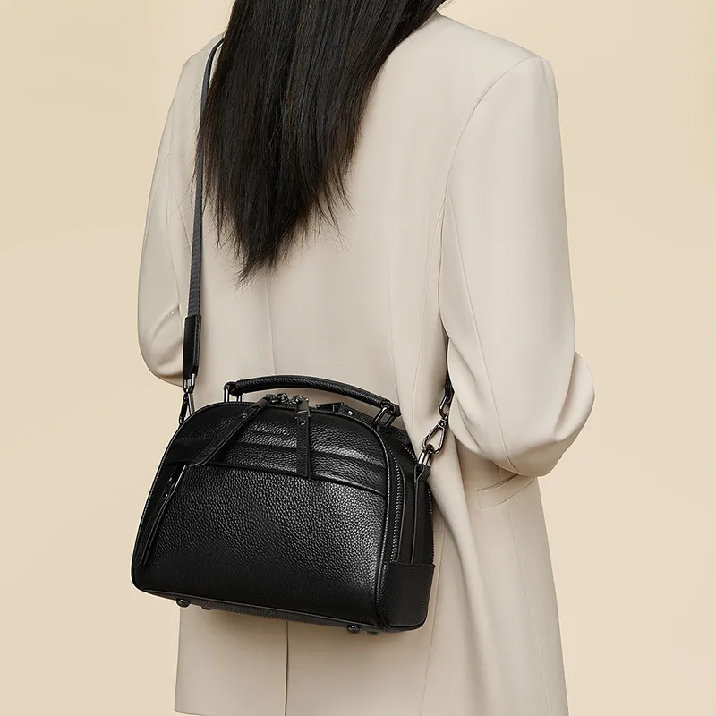 Old Man's Head Top Grain Cow Leather Handbag Regular Women's Black-3