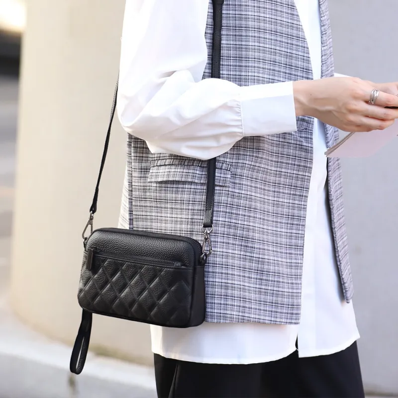 Old Man's Head Top Grain Cow Leather Shoulder Bag, Crossbody Bag Regular Women's Black/White/Khaki-7