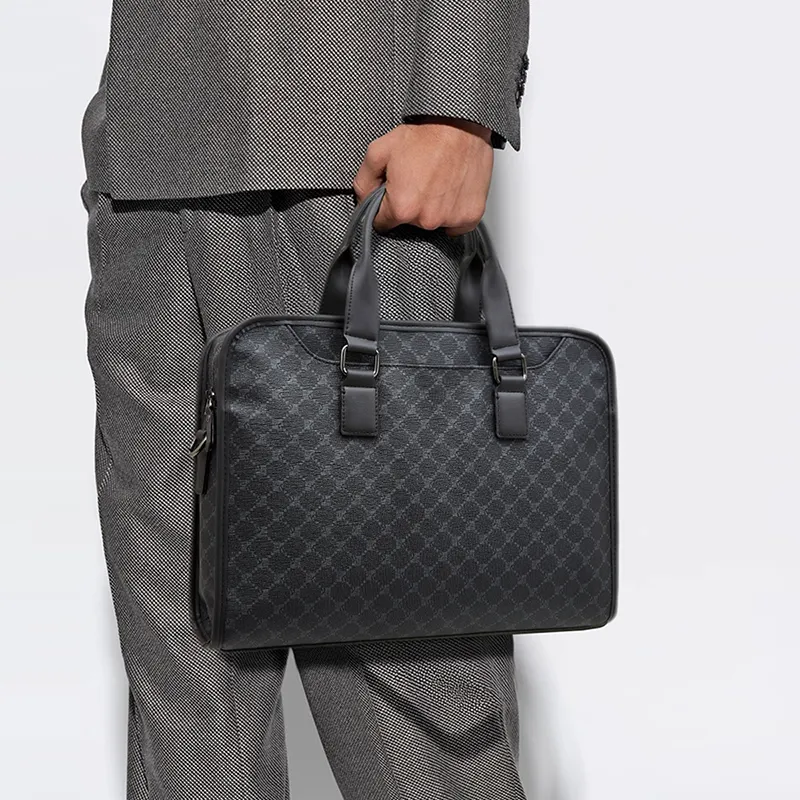 Old Man's Head Synthetic Leather Briefcases Men's Black/Black Plaid Style-3