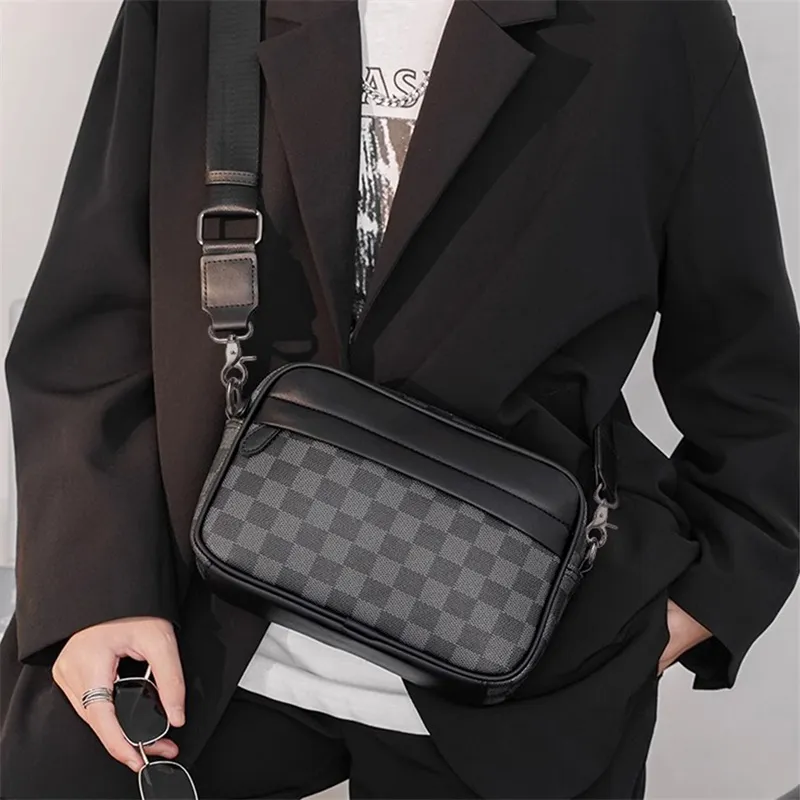 Old Man's Head Synthetic Leather Crossbody Bags Men's Black/Black Checkerboard/Black Pattern-7