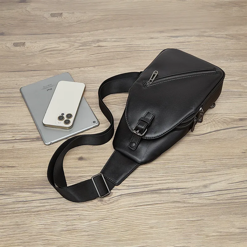 Old Man's Head Top Grain Cow Leather Crossbody Bag, Sling Bag Men's Black-6