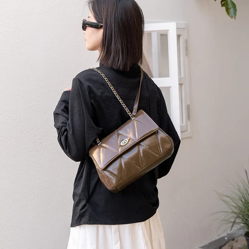Old Man's Head Top Grain Cow Leather Shoulder Bag, Crossbody Bag Women's Black/Khaki/Silver-14