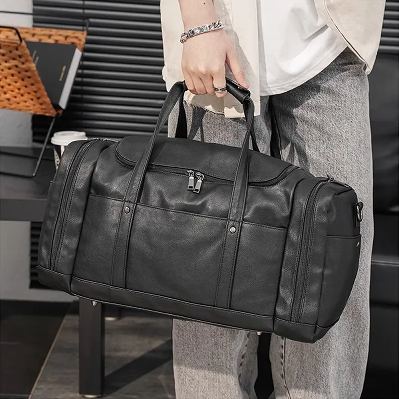 Old Man's Head Synthetic Leather Travel Bag Men's Black-7