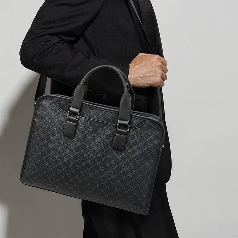 Old Man's Head Synthetic Leather Briefcases Men's Black/Black Plaid Style-2