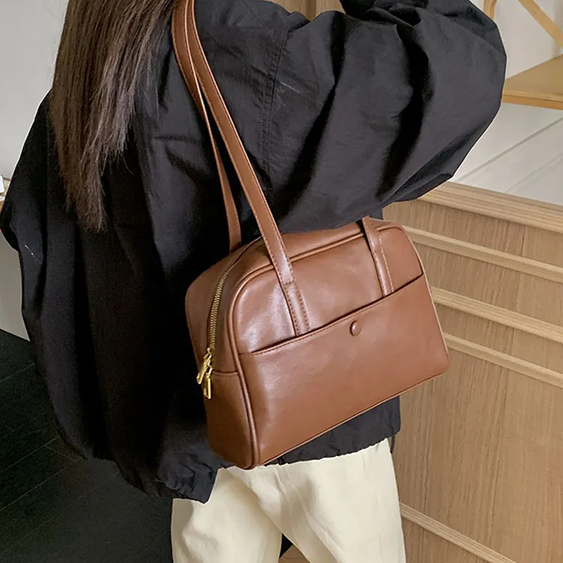 Old Man's Head Synthetic Leather Bowling Bag, Shoulder Bag Women's Coffee/Brown/Black-11