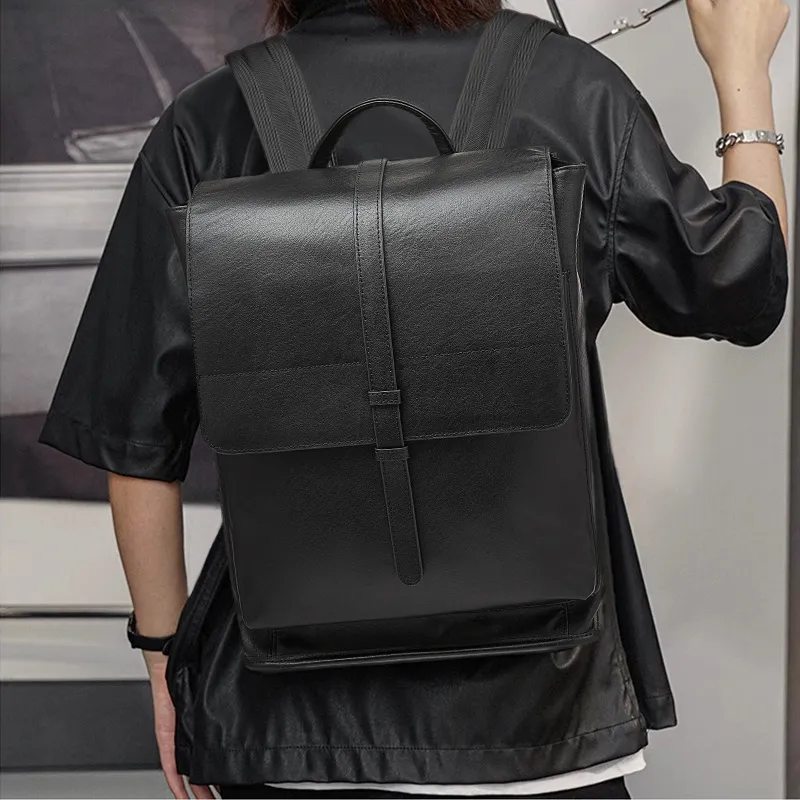 Old Man's Head Top Grain Cow Leather Backpack Men's Black-2