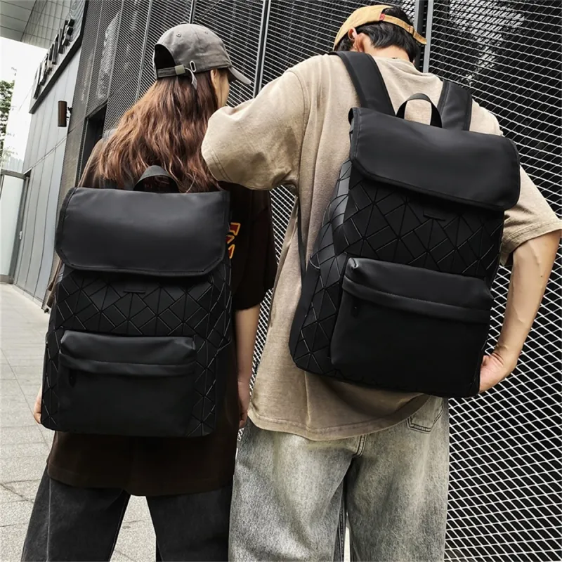Old Man's Head Synthetic Leather Patchwork Fabric Backpack Unisex Black-3