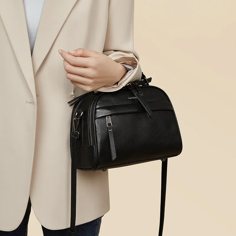 Old Man's Head Top Grain Cow Leather Handbag Regular Women's Black-2