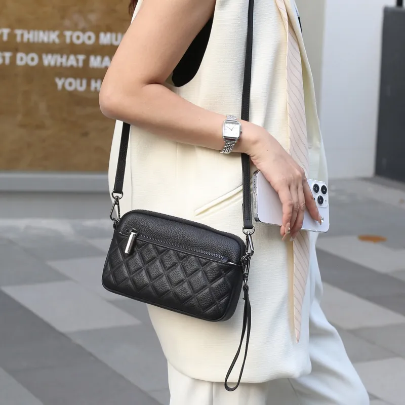 Old Man's Head Top Grain Cow Leather Shoulder Bag, Crossbody Bag Regular Women's Black/White/Khaki-6