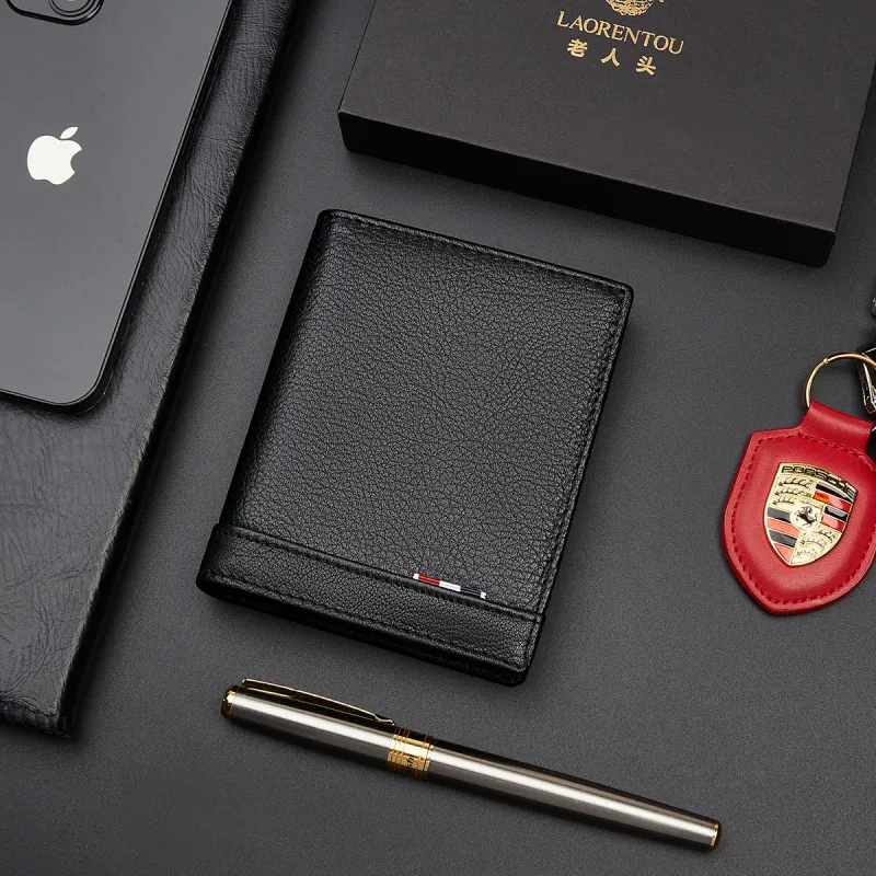 Old Man's Head Top Grain Cow Leather Wallet Men's Black-6
