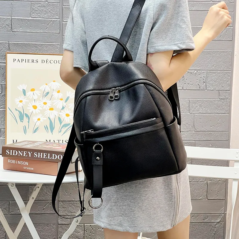 Old Man's Head Top Grain Cow Leather Backpack Women's Black-2