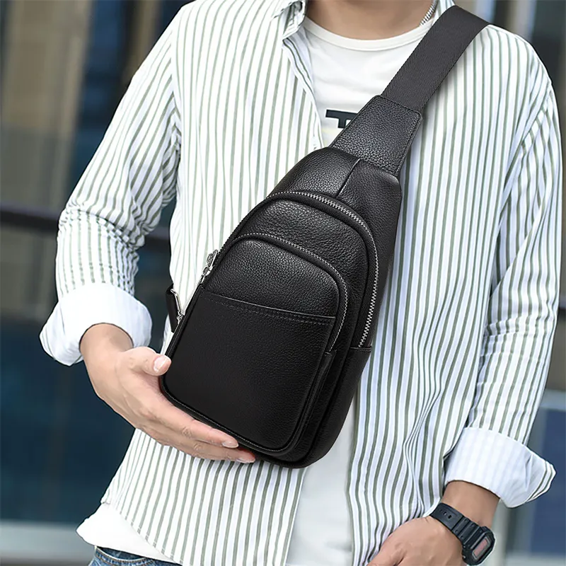 Old Man's Head Top Grain Cow Leather Sling Bag Men's Black-1