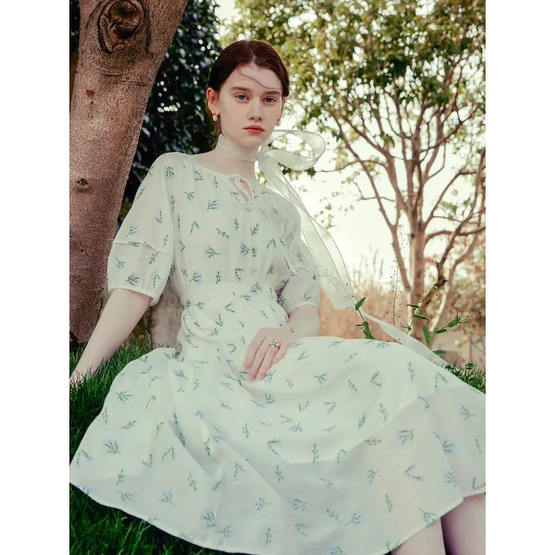 FANSILANEN Short Sleeved Dress Women's White With Blue Floral-3