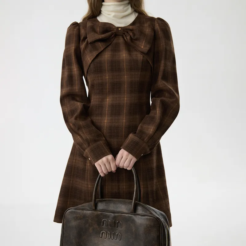 FANSILANEN Bowknot Vintage Plaid Long Sleeved Dress Women's Brown Plaid-2