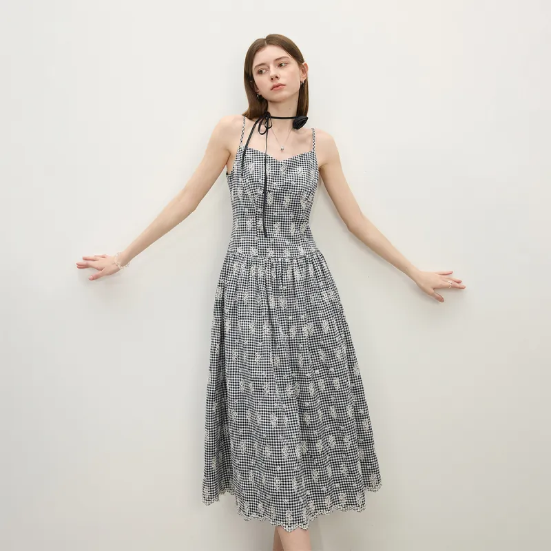 FANSILANEN Slip Dresses Women's Black White Plaid-6