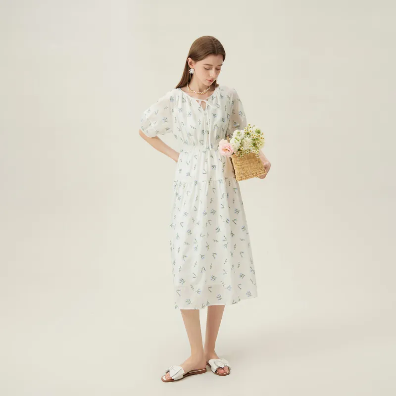 FANSILANEN Short Sleeved Dress Women's White With Blue Floral-4