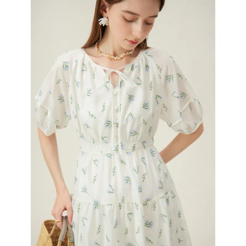 FANSILANEN Short Sleeved Dress Women's White With Blue Floral-2