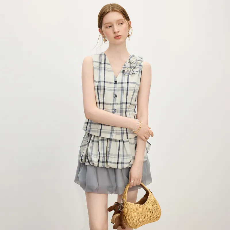 FANSILANEN Shirts Women's Beige Gray Plaid-3