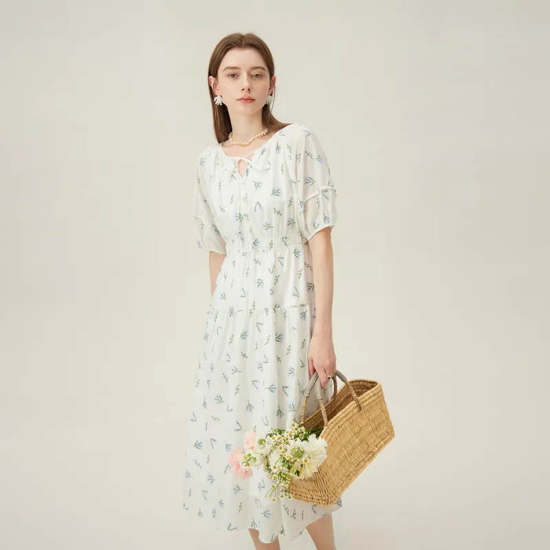 FANSILANEN Short Sleeved Dress Women's White With Blue Floral-5