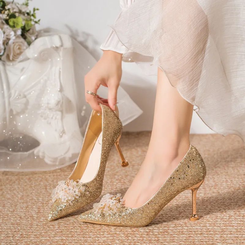 AJPAP Slim Heel High Heels Women's Champagne Gold-2