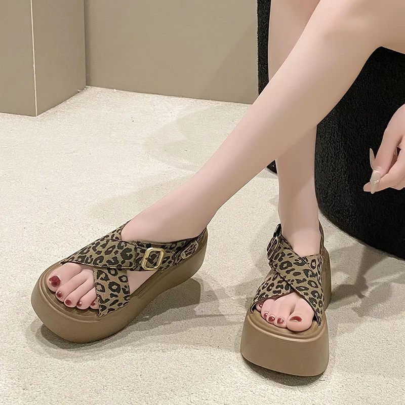 AJPAP Beach Sandals Women's Leopard Print Brown Black-2