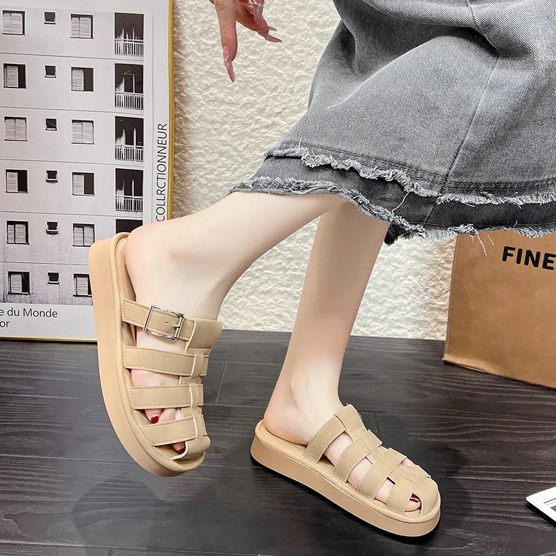 AJPAP Rubber Sole Cut Out Woven Closed Toe Slippers Women's-16