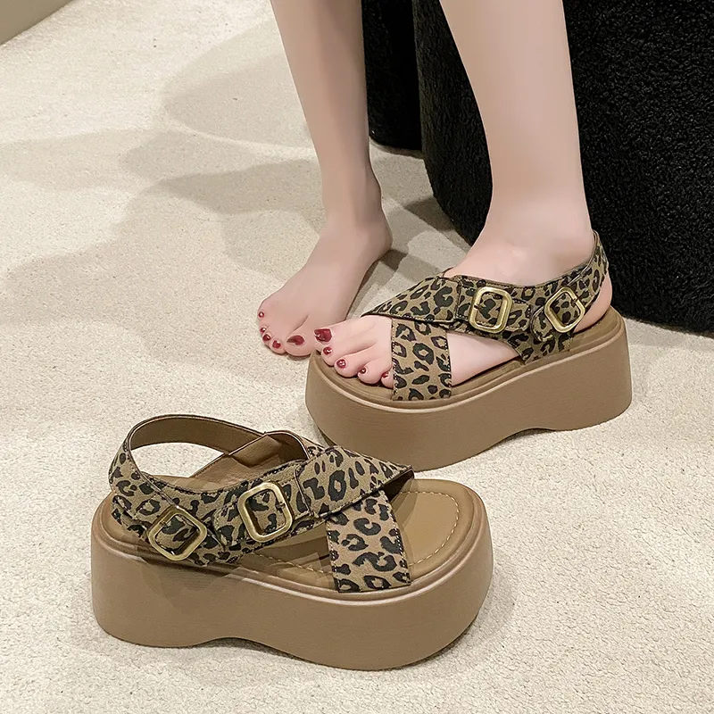 AJPAP Beach Sandals Women's Leopard Print Brown Black-1