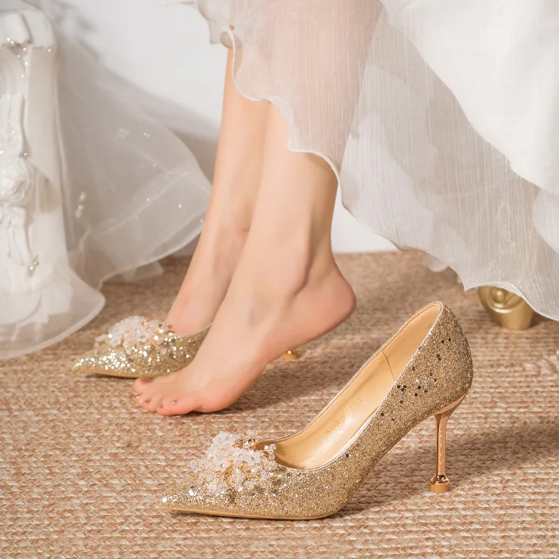 AJPAP Slim Heel High Heels Women's Champagne Gold-1