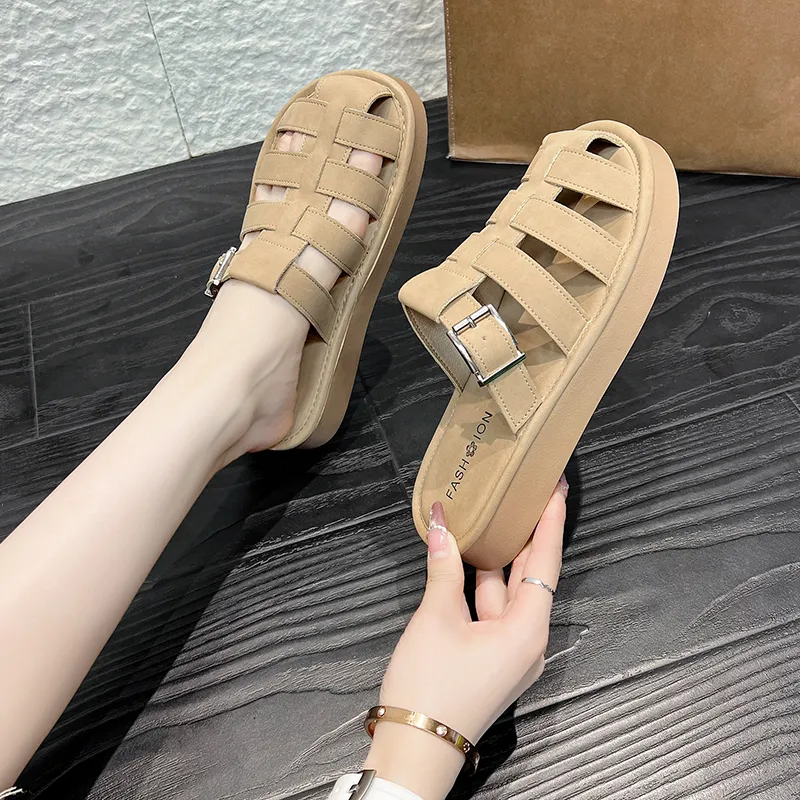 AJPAP Rubber Sole Cut Out Woven Closed Toe Slippers Women's-17