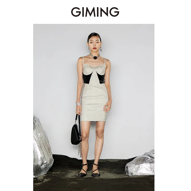 GIMING Slip Dresses Women's Champagne+Black-2