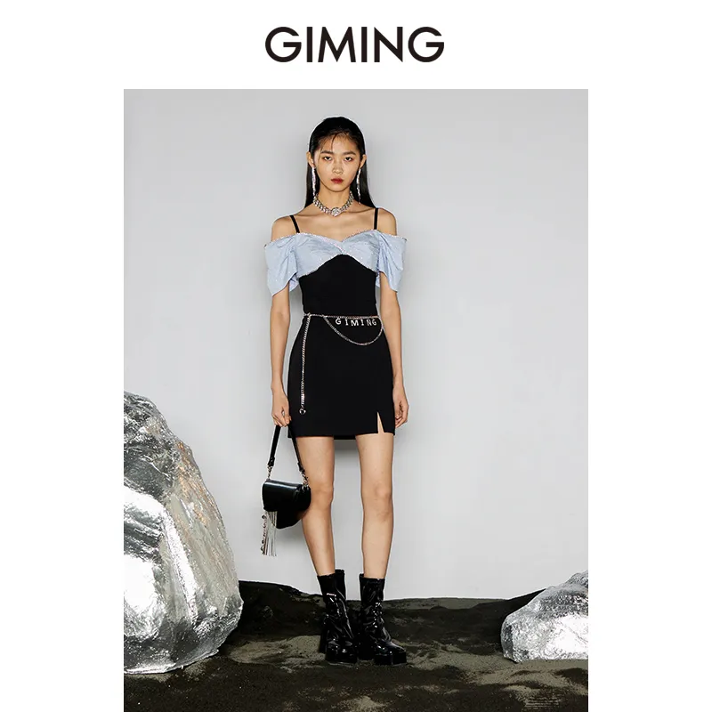 GIMING Slip Dresses Women's Black+Blue-1