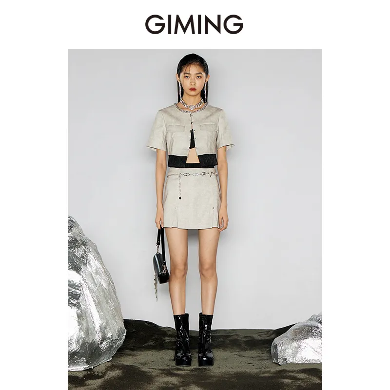 GIMING Cropped Coats Women's Champagne+Black-4