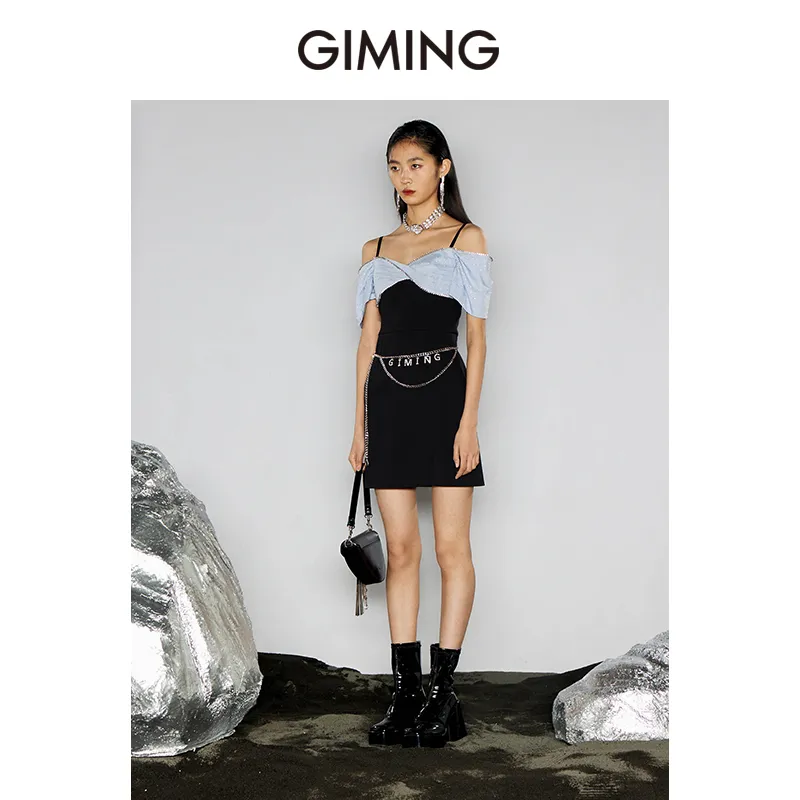 GIMING Slip Dresses Women's Black+Blue-2
