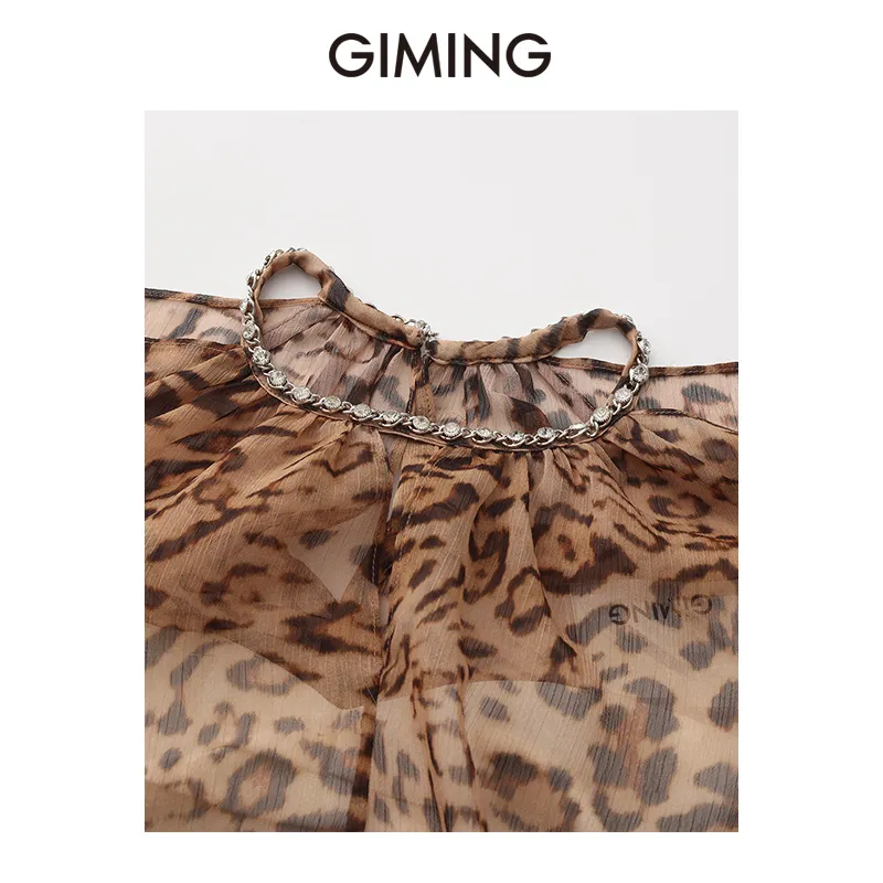 GIMING Chiffon Shirts Women's Leopard Print+White-2