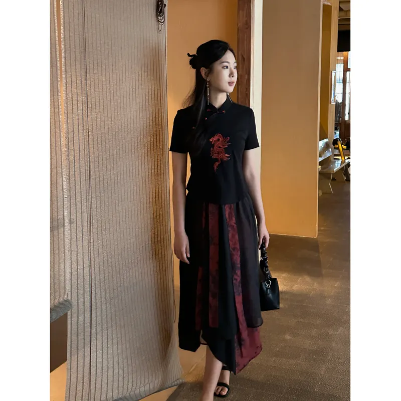 SETIROM Casual Long Skirt Women's Dark Red-3