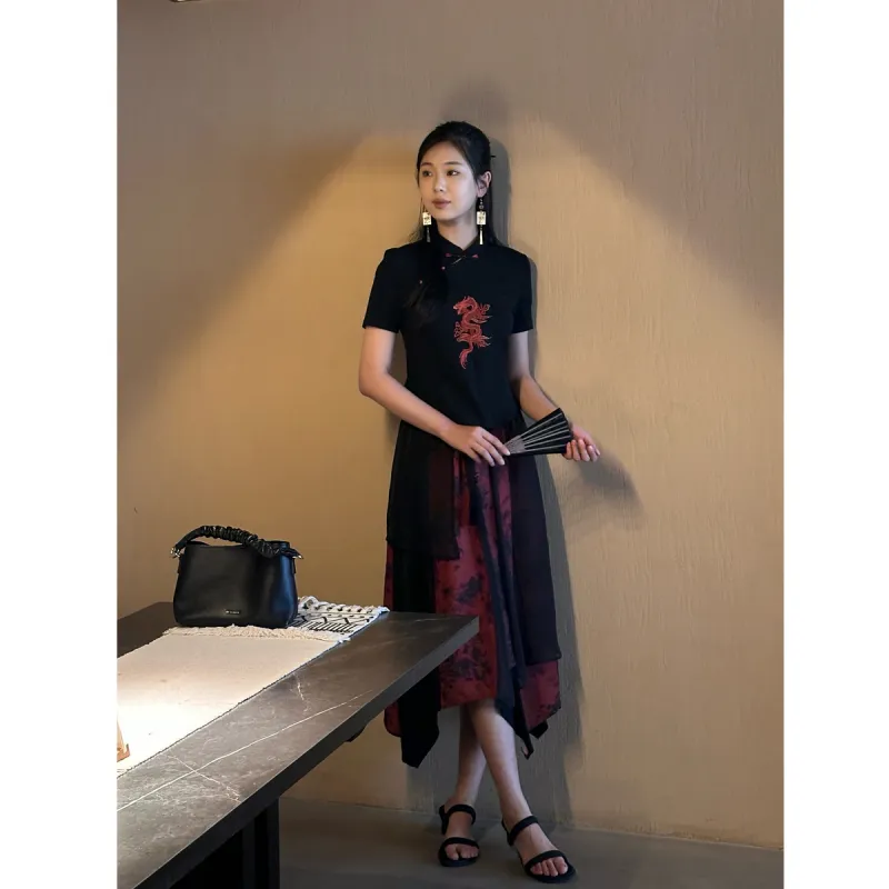 SETIROM Casual Long Skirt Women's Dark Red-4