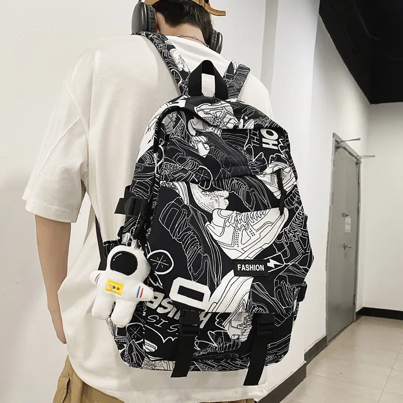 PULEWEI Nylon Backpack Regular Unisex White Shoes/Black Graffiti/White Blue/White Red-6