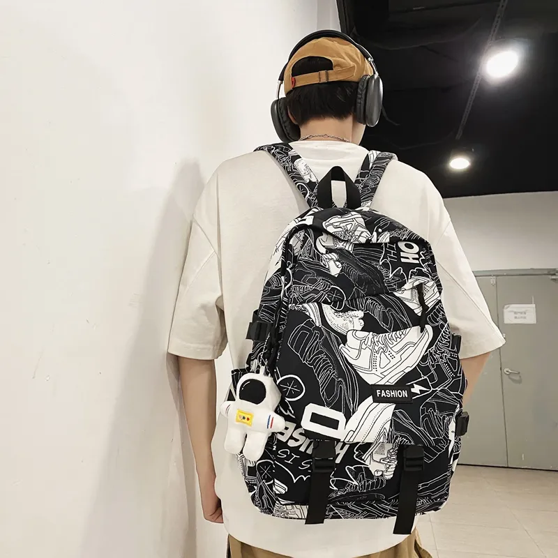 PULEWEI Nylon Backpack Regular Unisex White Shoes/Black Graffiti/White Blue/White Red-4