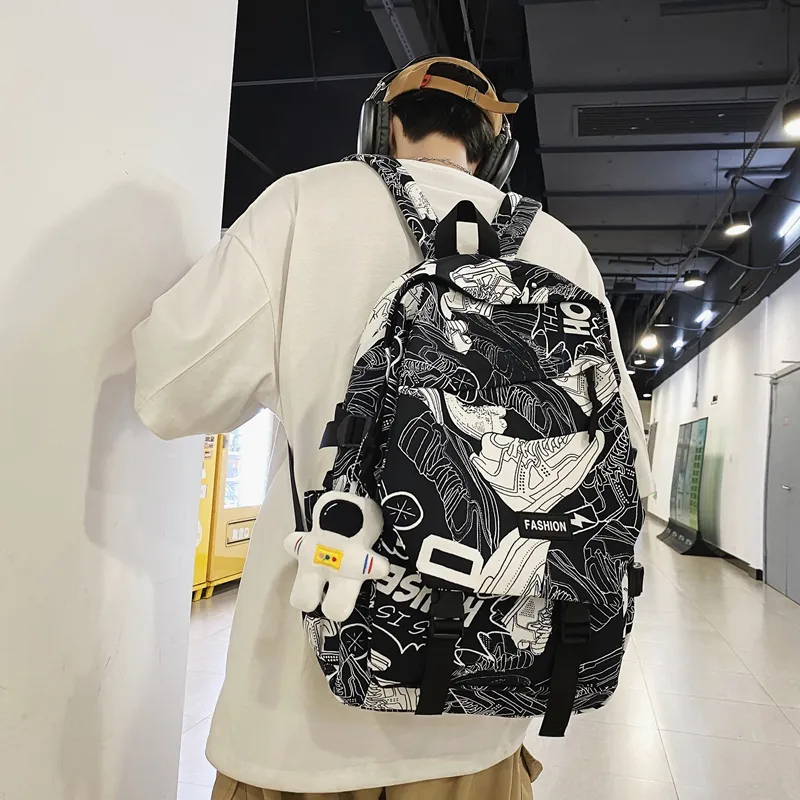 PULEWEI Nylon Backpack Regular Unisex White Shoes/Black Graffiti/White Blue/White Red-2